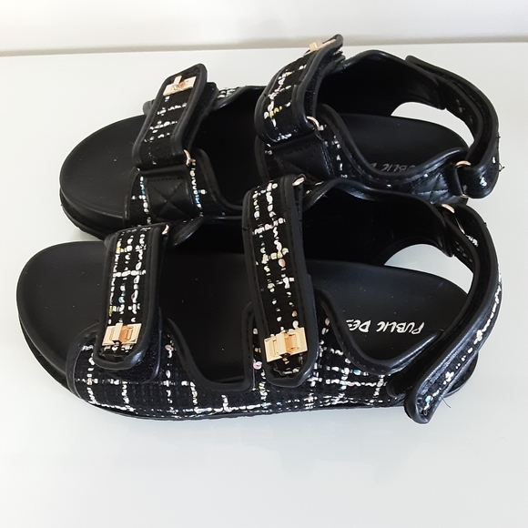 Public Desire Black Fabric Sandals Gold Buckles New with Box - Picture 4 of 7
